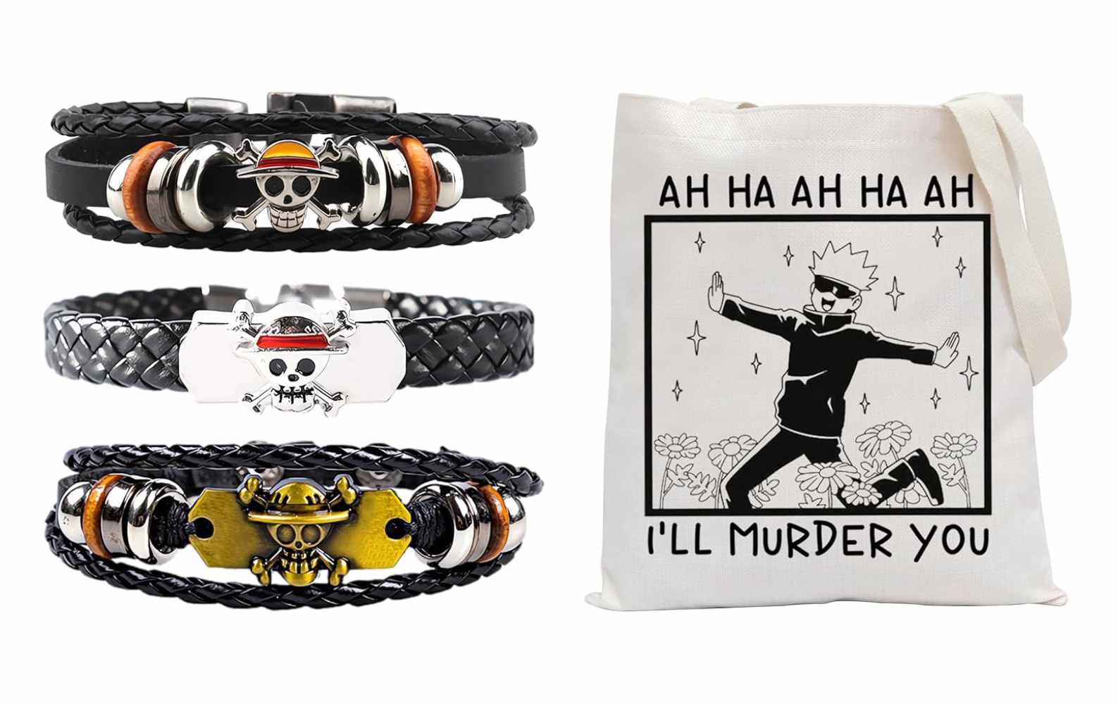 Anime wearables: One Piece bracelet and Jujutsu Kaizen Gojo tote bag